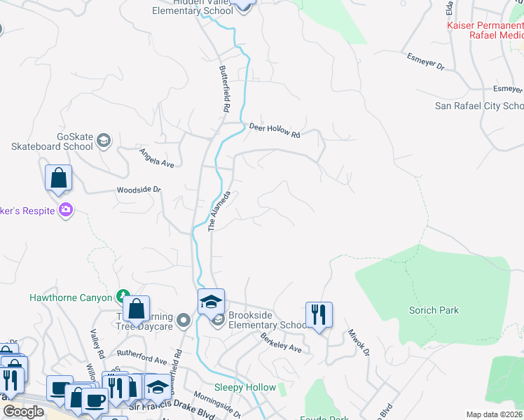 map of restaurants, bars, coffee shops, grocery stores, and more near 112 Holstein Road in San Anselmo