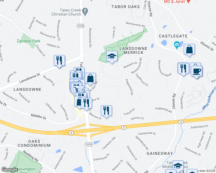 map of restaurants, bars, coffee shops, grocery stores, and more near 3385 Moundview Court in Lexington