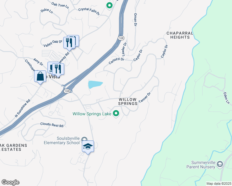 map of restaurants, bars, coffee shops, grocery stores, and more near 20620 Caylor Drive in Soulsbyville