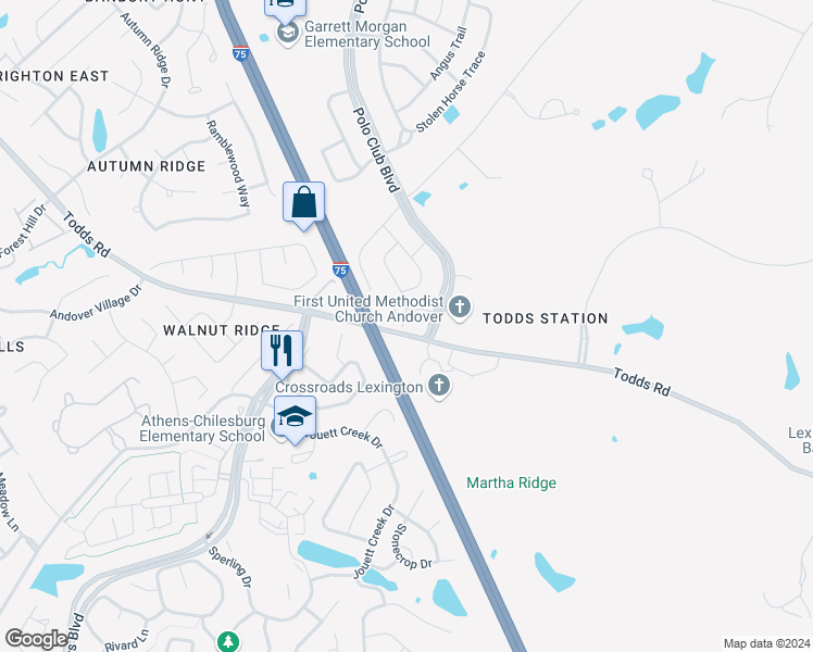 map of restaurants, bars, coffee shops, grocery stores, and more near 1100 Oatlands Park in Lexington