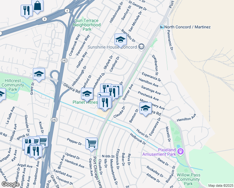 map of restaurants, bars, coffee shops, grocery stores, and more near 3418 Flamingo Drive in Concord