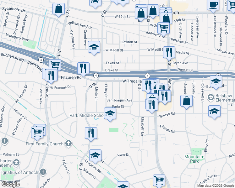 map of restaurants, bars, coffee shops, grocery stores, and more near 2744 Capistrano Street in Antioch