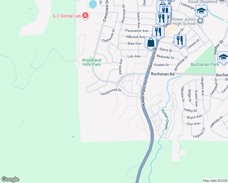map of restaurants, bars, coffee shops, grocery stores, and more near 1 Castlewood Drive in Pittsburg