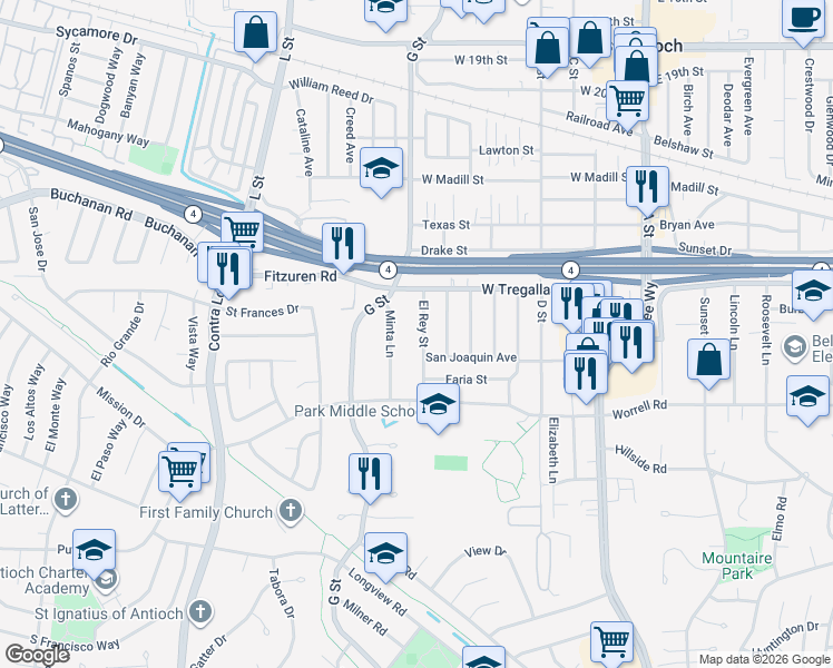 map of restaurants, bars, coffee shops, grocery stores, and more near 2736 El Rey Street in Antioch