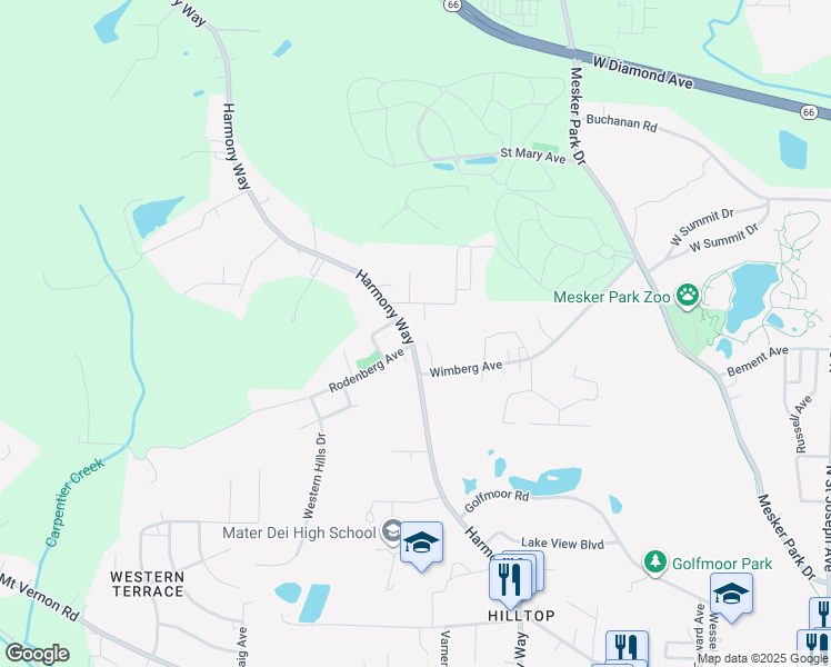 map of restaurants, bars, coffee shops, grocery stores, and more near 1815 Harmony Way in Evansville
