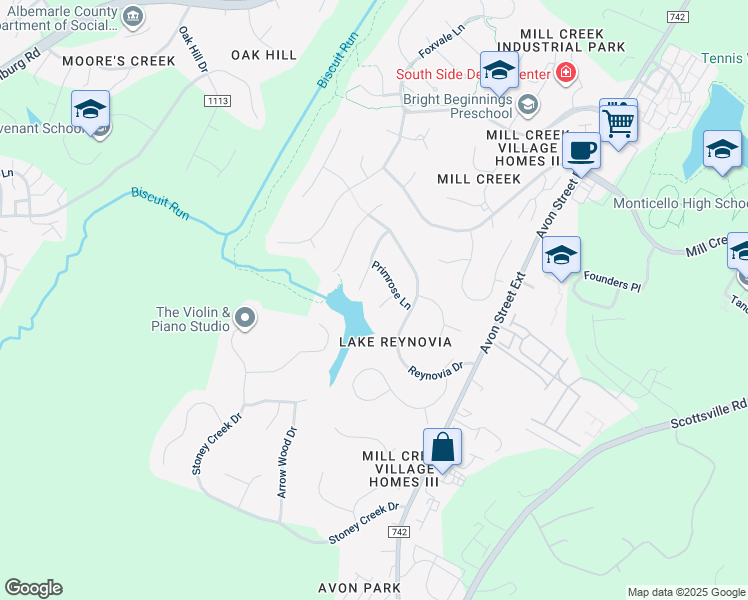 map of restaurants, bars, coffee shops, grocery stores, and more near 120 Sundrops Court in Charlottesville