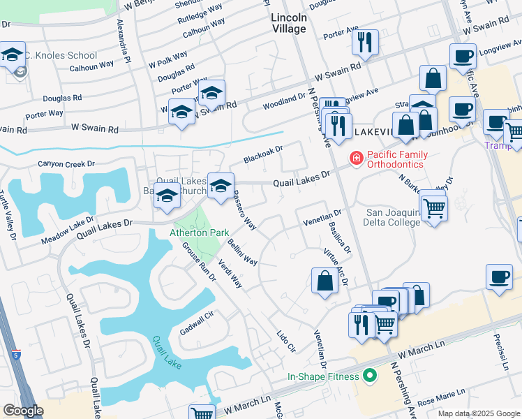 map of restaurants, bars, coffee shops, grocery stores, and more near 1762 Long Barn Way in Stockton