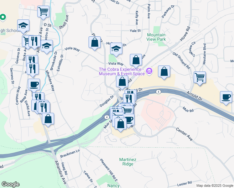 map of restaurants, bars, coffee shops, grocery stores, and more near 3600 Pine Street in Martinez