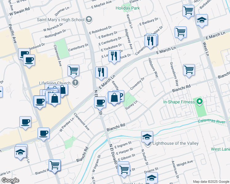 map of restaurants, bars, coffee shops, grocery stores, and more near 111 Gateway Court in Stockton