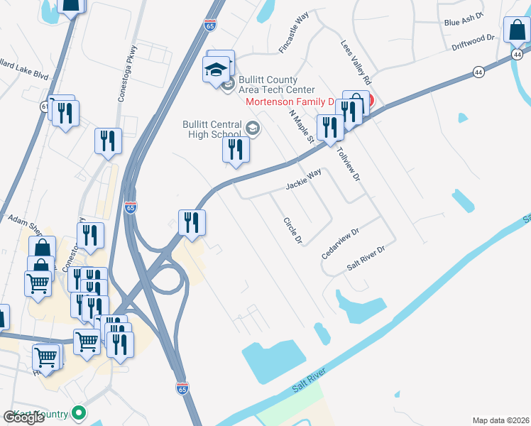 map of restaurants, bars, coffee shops, grocery stores, and more near 141 Circle Drive in Shepherdsville