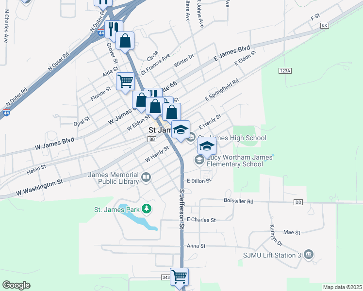 map of restaurants, bars, coffee shops, grocery stores, and more near 101 East Scioto Street in Saint James
