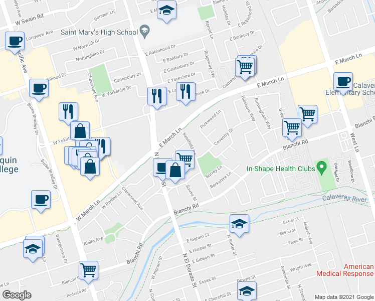 map of restaurants, bars, coffee shops, grocery stores, and more near 111 Gateway Court in Stockton