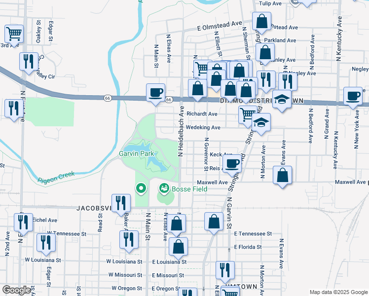 map of restaurants, bars, coffee shops, grocery stores, and more near 2015 North Heidelbach Avenue in Evansville
