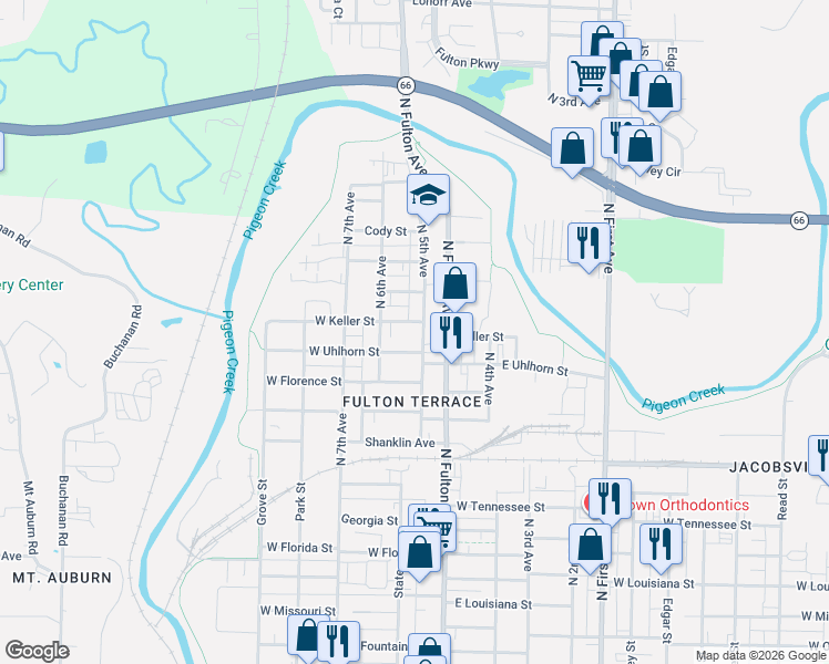 map of restaurants, bars, coffee shops, grocery stores, and more near 2000 North 5th Avenue in Evansville