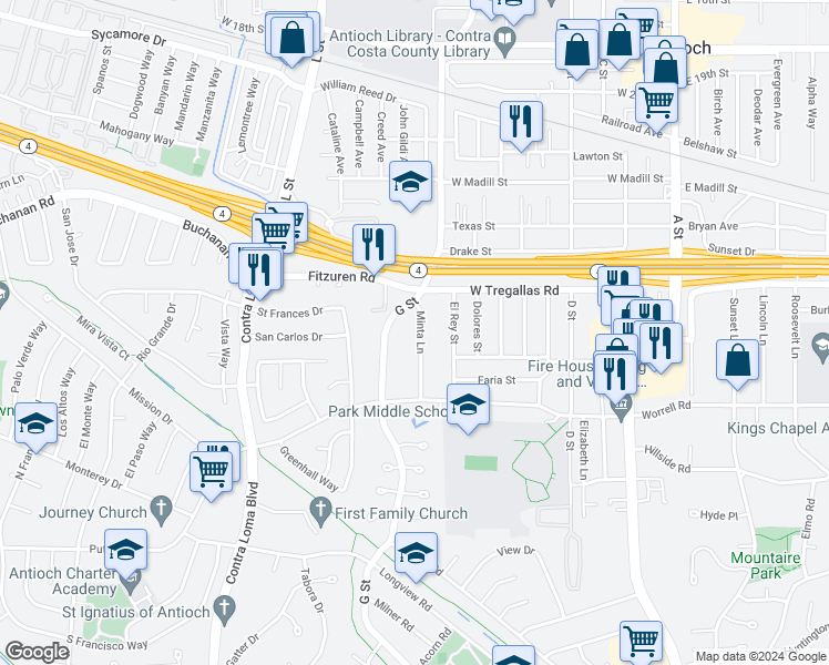 map of restaurants, bars, coffee shops, grocery stores, and more near 2742 Minta Lane in Antioch