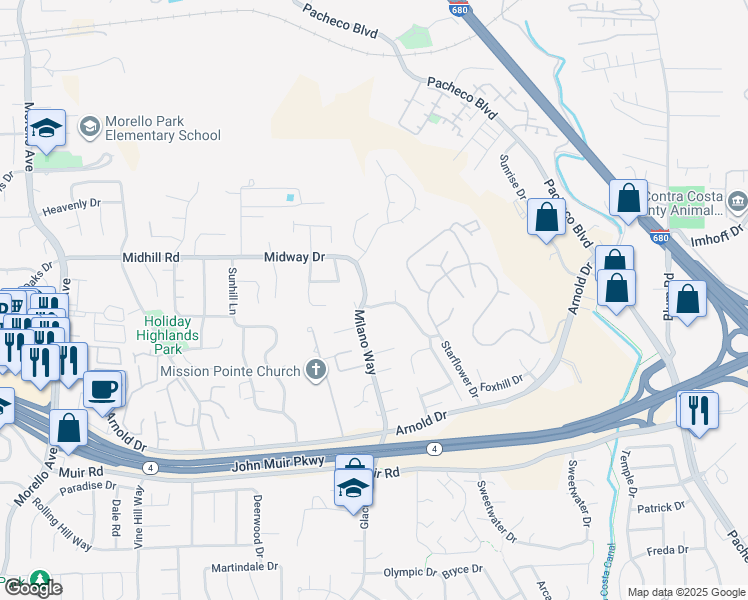 map of restaurants, bars, coffee shops, grocery stores, and more near 2207 Bridgeport Way in Martinez