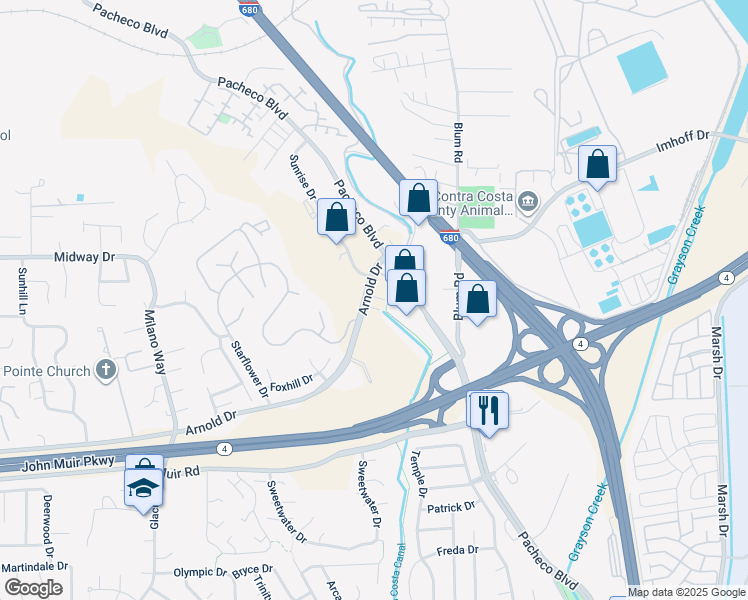 map of restaurants, bars, coffee shops, grocery stores, and more near 701 Tierney Place in Martinez
