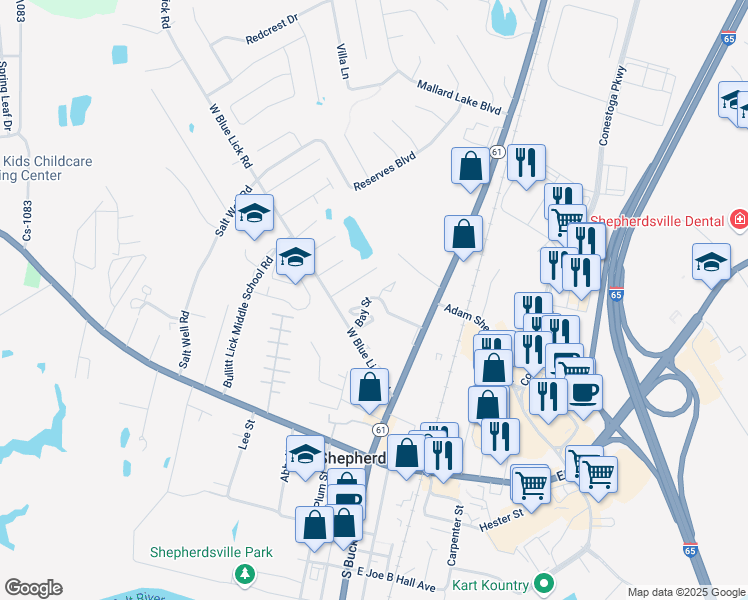 map of restaurants, bars, coffee shops, grocery stores, and more near 186 Bay Street in Shepherdsville
