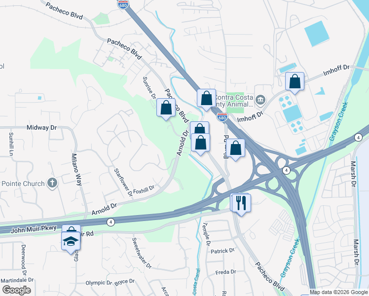 map of restaurants, bars, coffee shops, grocery stores, and more near 701 Tierney Place in Martinez