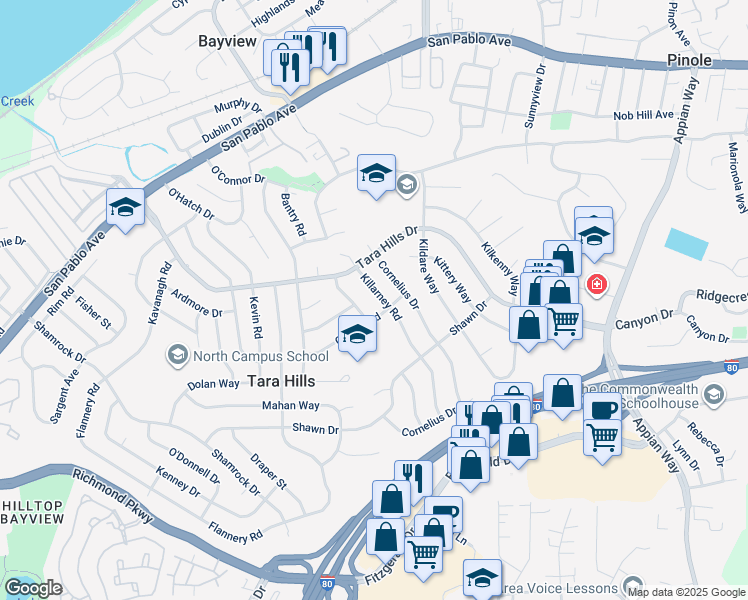 map of restaurants, bars, coffee shops, grocery stores, and more near 2715 Killarney Drive in San Pablo
