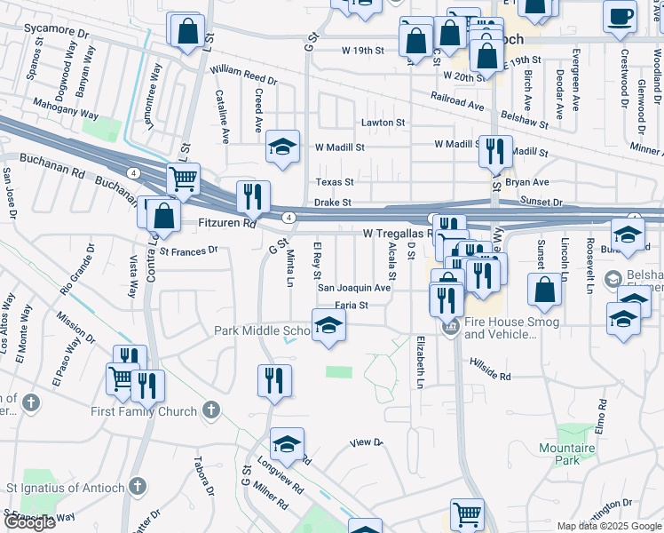 map of restaurants, bars, coffee shops, grocery stores, and more near 2740 Dolores Street in Antioch