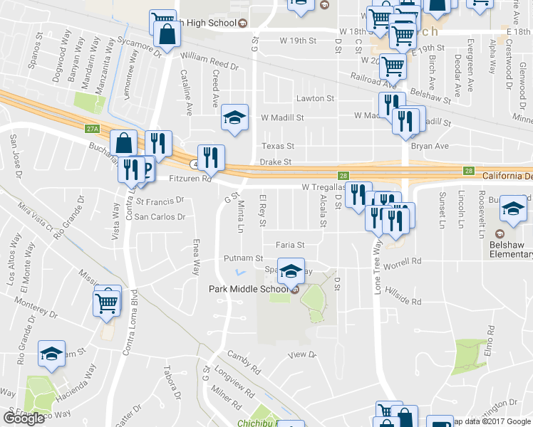 map of restaurants, bars, coffee shops, grocery stores, and more near 2741 El Rey Street in Antioch
