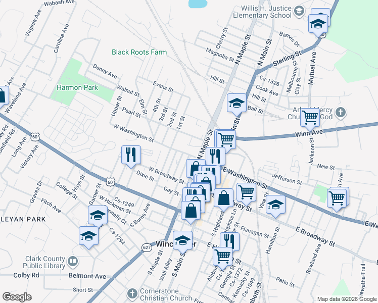 map of restaurants, bars, coffee shops, grocery stores, and more near 133 West Washington Street in Winchester