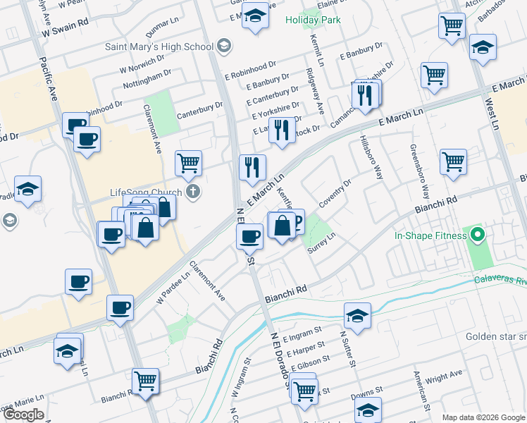 map of restaurants, bars, coffee shops, grocery stores, and more near 111 Gateway Court in Stockton
