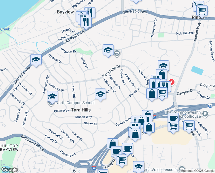 map of restaurants, bars, coffee shops, grocery stores, and more near 2715 Killarney Drive in San Pablo