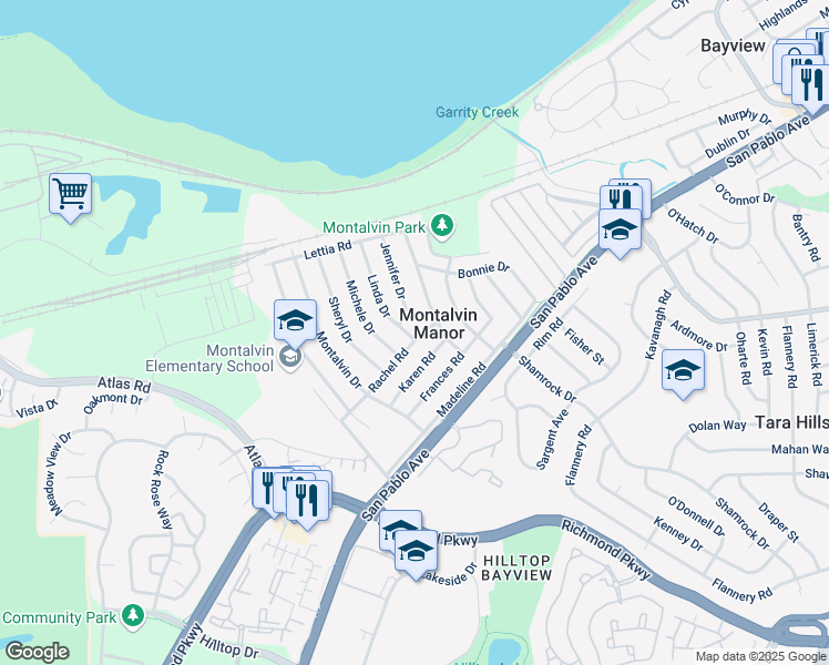 map of restaurants, bars, coffee shops, grocery stores, and more near 1431 Rachel Road in San Pablo
