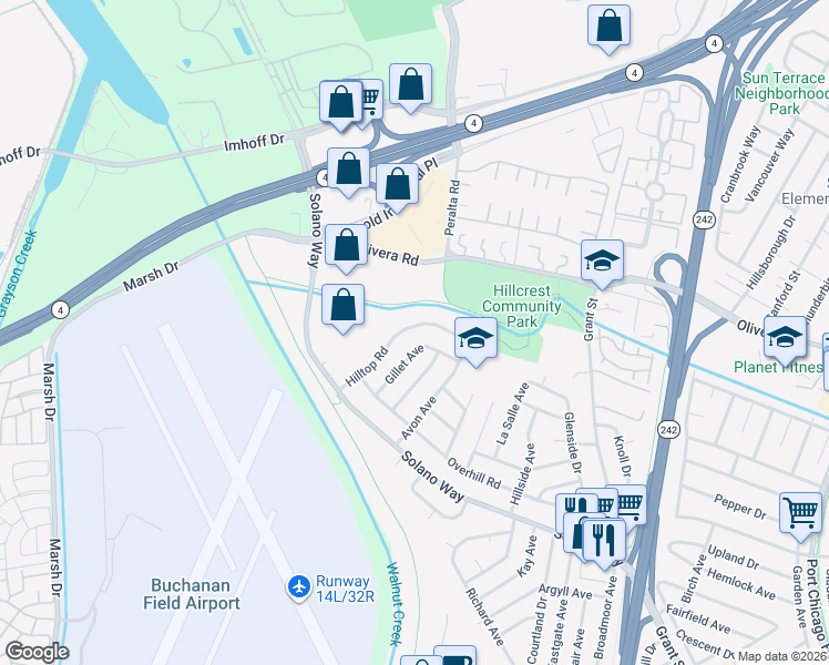 map of restaurants, bars, coffee shops, grocery stores, and more near 2906 Hilltop Road in Concord