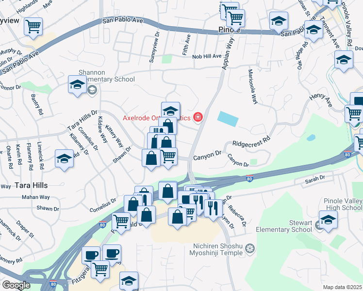 map of restaurants, bars, coffee shops, grocery stores, and more near 2116-2148 Appian Way in Pinole