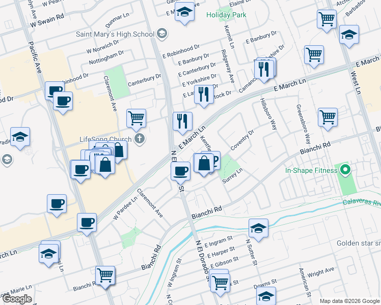 map of restaurants, bars, coffee shops, grocery stores, and more near 111 Gateway Court in Stockton