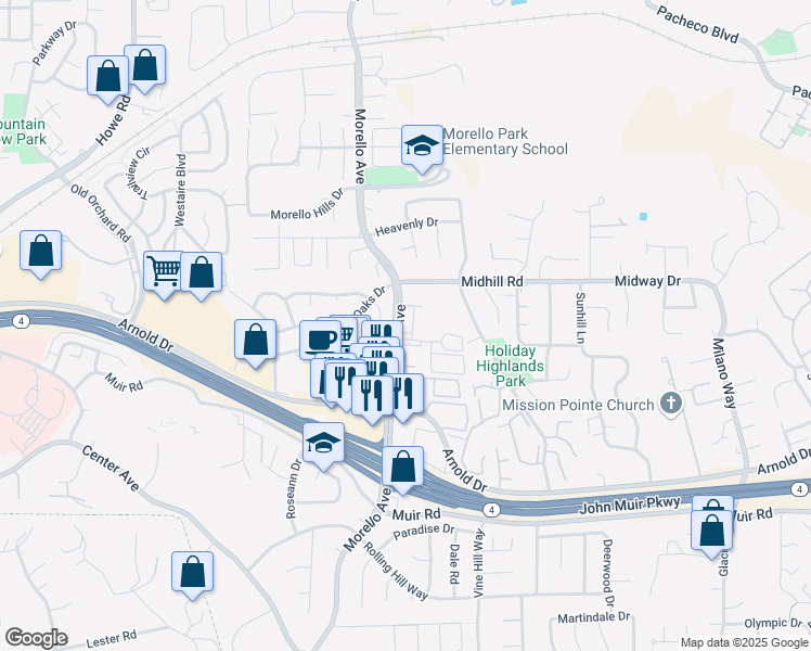 map of restaurants, bars, coffee shops, grocery stores, and more near 1001 Maywood Lane in Martinez