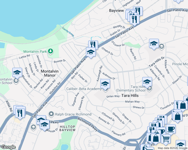 map of restaurants, bars, coffee shops, grocery stores, and more near 2595 Kavanagh Road in San Pablo