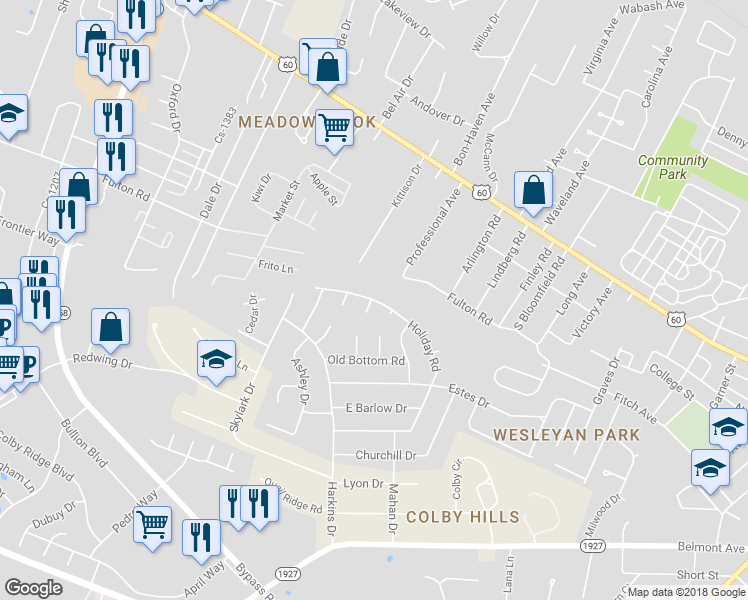 map of restaurants, bars, coffee shops, grocery stores, and more near 69 Holiday Road in Winchester