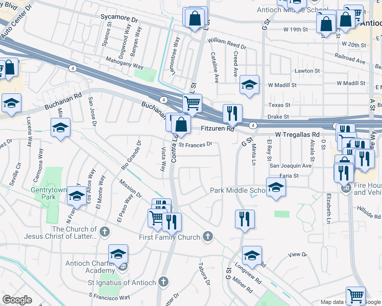 map of restaurants, bars, coffee shops, grocery stores, and more near 1016 San Carlos Drive in Antioch