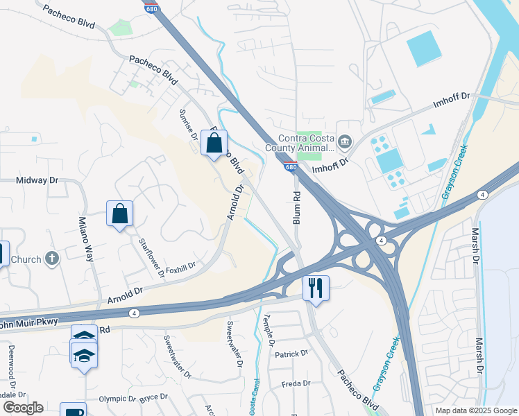 map of restaurants, bars, coffee shops, grocery stores, and more near 4966 Pacheco Boulevard in Martinez