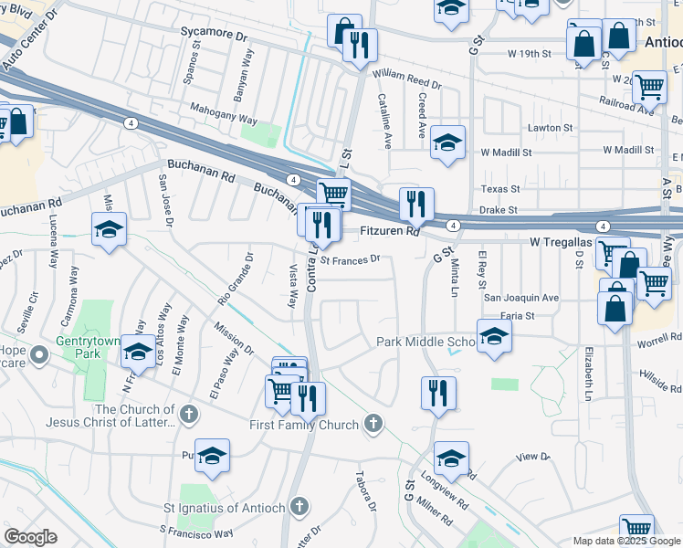 map of restaurants, bars, coffee shops, grocery stores, and more near 1016 San Carlos Drive in Antioch