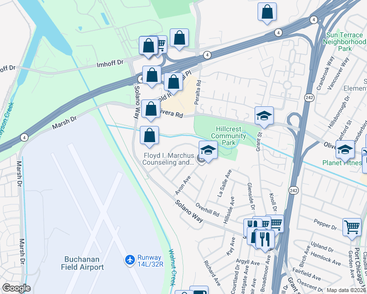 map of restaurants, bars, coffee shops, grocery stores, and more near 2906 Hilltop Rd in Concord