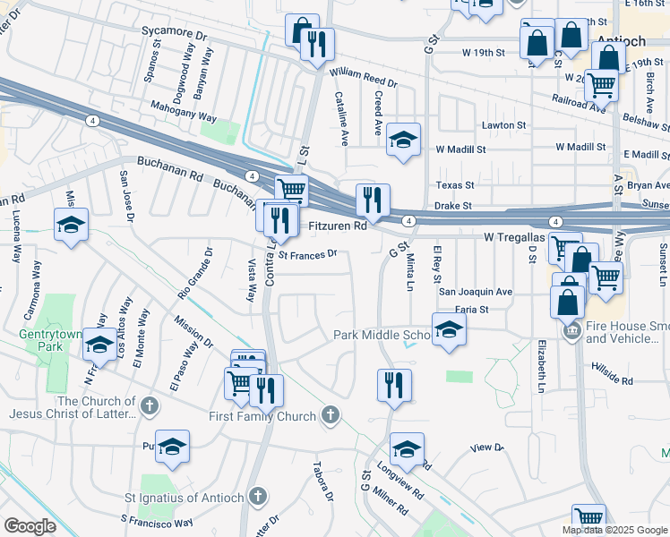 map of restaurants, bars, coffee shops, grocery stores, and more near 914 San Carlos Drive in Antioch
