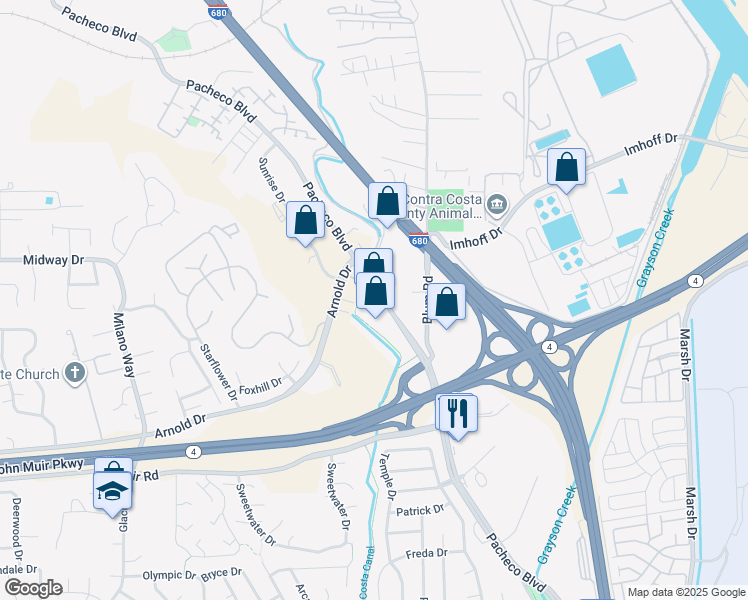 map of restaurants, bars, coffee shops, grocery stores, and more near 4966 Pacheco Boulevard in Martinez