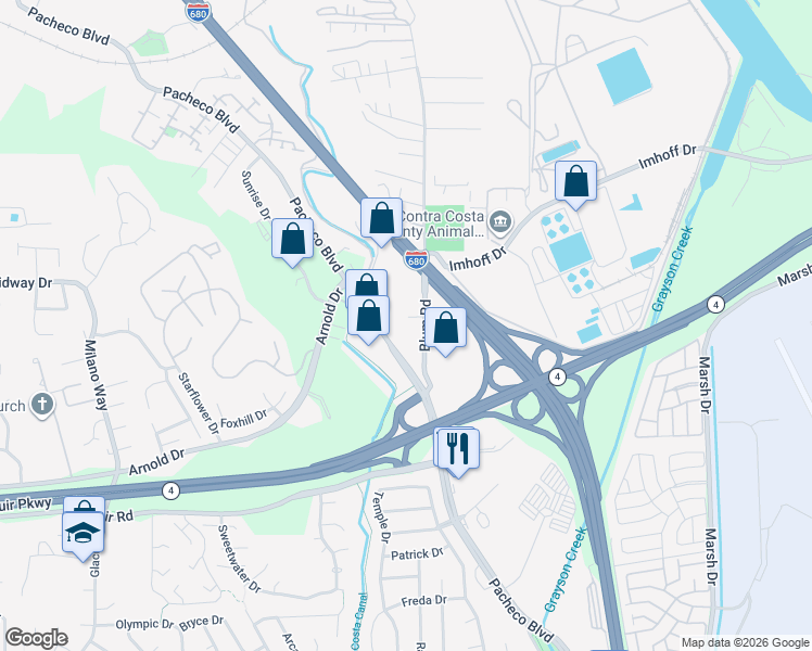 map of restaurants, bars, coffee shops, grocery stores, and more near 4970 Blum Road in Martinez