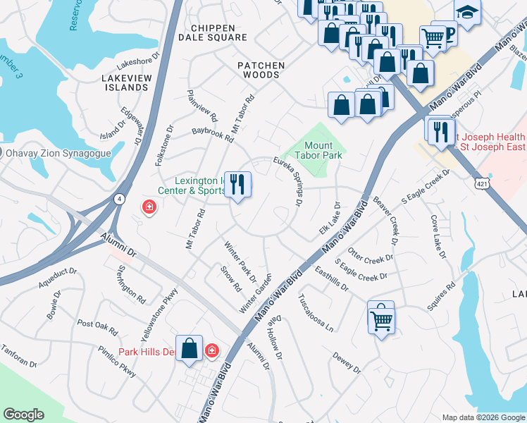 map of restaurants, bars, coffee shops, grocery stores, and more near 543 El Paseo Place in Lexington