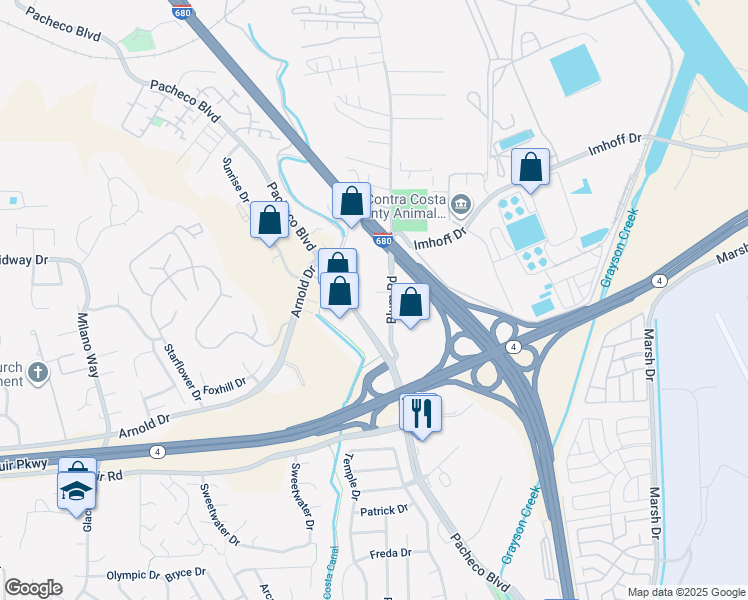 map of restaurants, bars, coffee shops, grocery stores, and more near 4970 Blum Road in Martinez