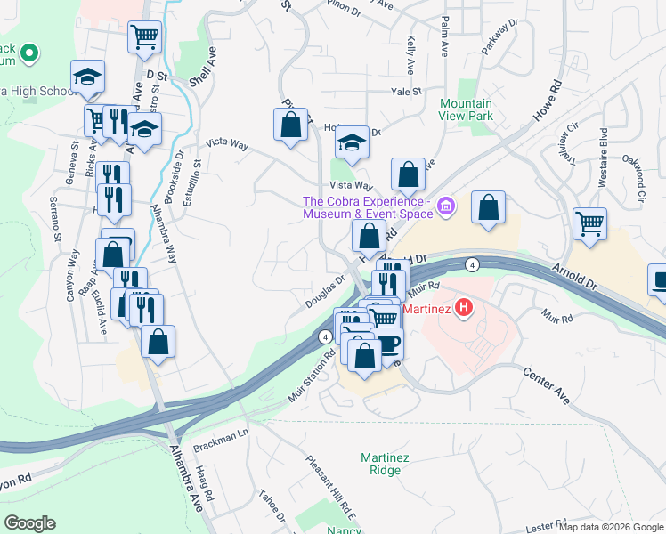 map of restaurants, bars, coffee shops, grocery stores, and more near 3600 Pine Street in Martinez