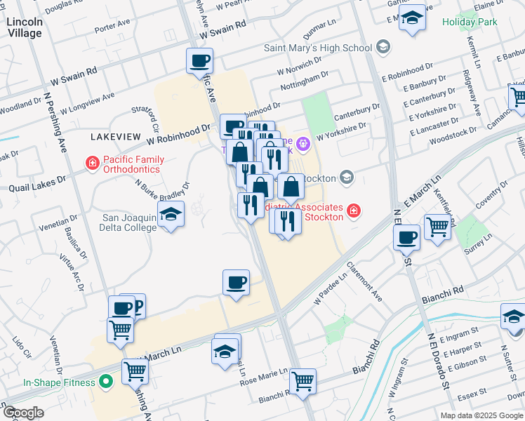 map of restaurants, bars, coffee shops, grocery stores, and more near 4950 Pacific Avenue in Stockton