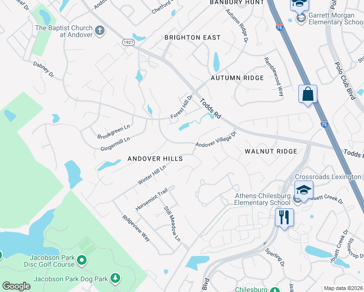map of restaurants, bars, coffee shops, grocery stores, and more near 748 Andover Village Drive in Lexington