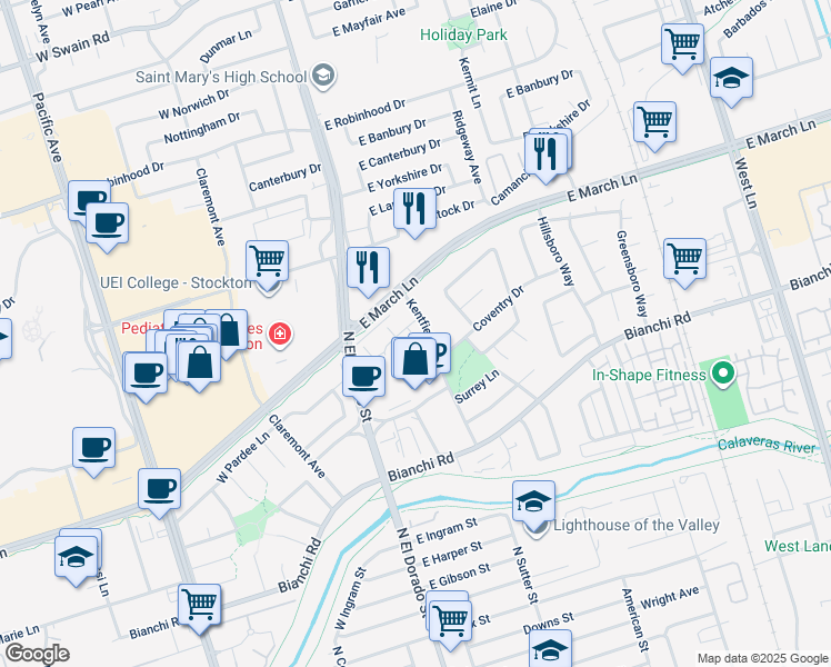 map of restaurants, bars, coffee shops, grocery stores, and more near 111 Gateway Court in Stockton