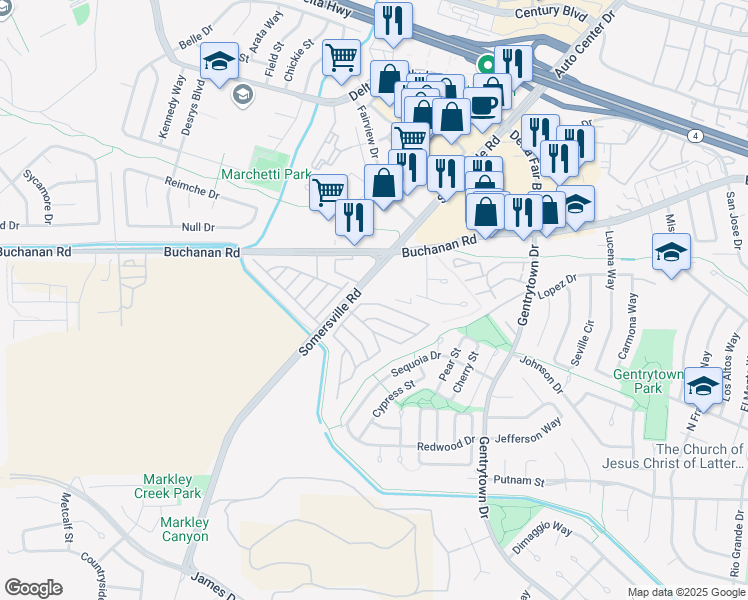 map of restaurants, bars, coffee shops, grocery stores, and more near 144 Paulette Way in Antioch